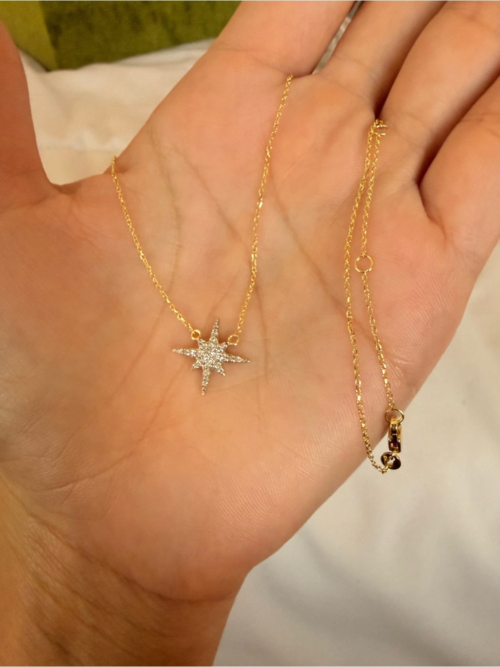 Solid 14kt Yellow Gold Starburst Pendant Necklace with Natural Diamonds Pave 18”